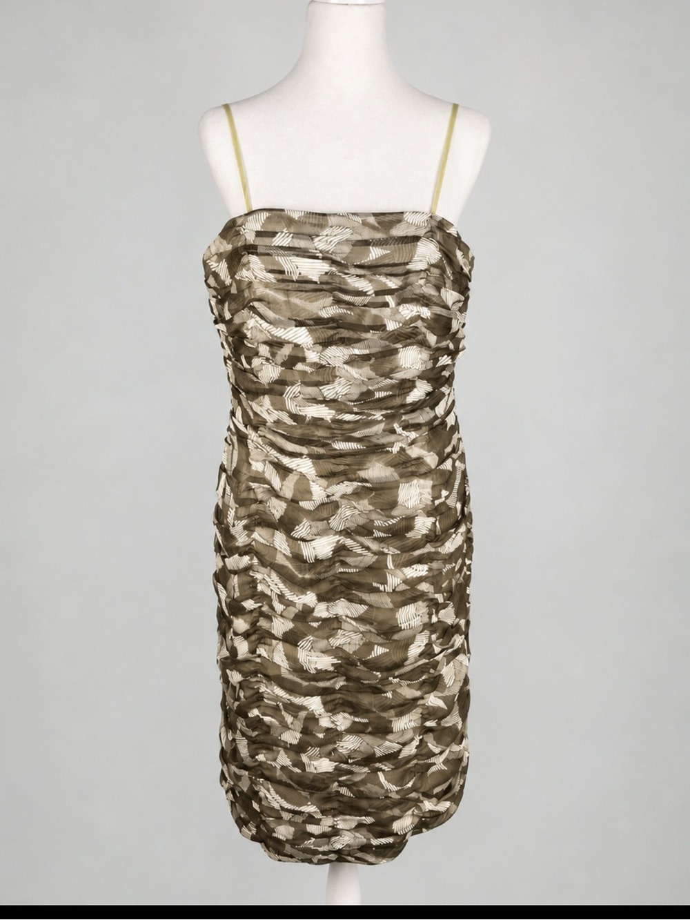 Adrianna Papell 100% Silk Ruched Cocktail Dress Size 12 Taupe Ivory Knee Length